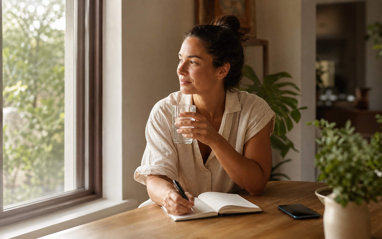 A relaxed morning with water, a notebook, and sunlight